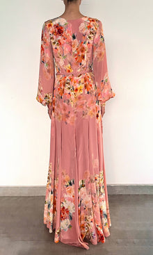 Hemant And Nandita | Saba Viscose Crepe Heavy Long Dress With Braided Belt | Peach Floral