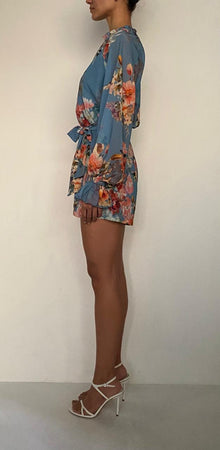 V-Neck Romper With Belt | Blue Floral