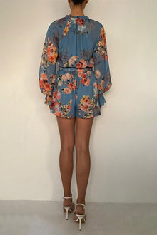 V-Neck Romper With Belt | Blue Floral