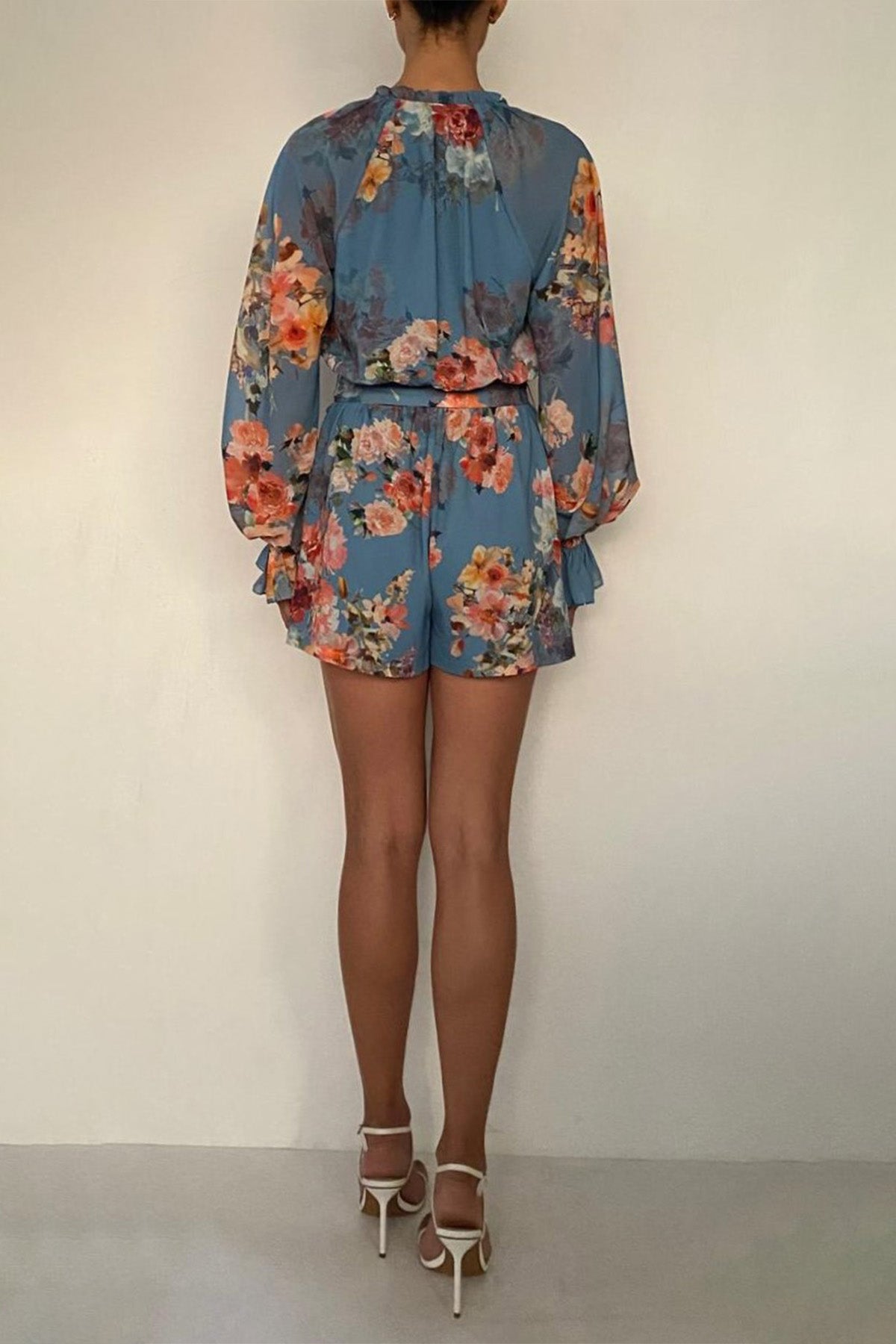 V-Neck Romper With Belt | Blue Floral