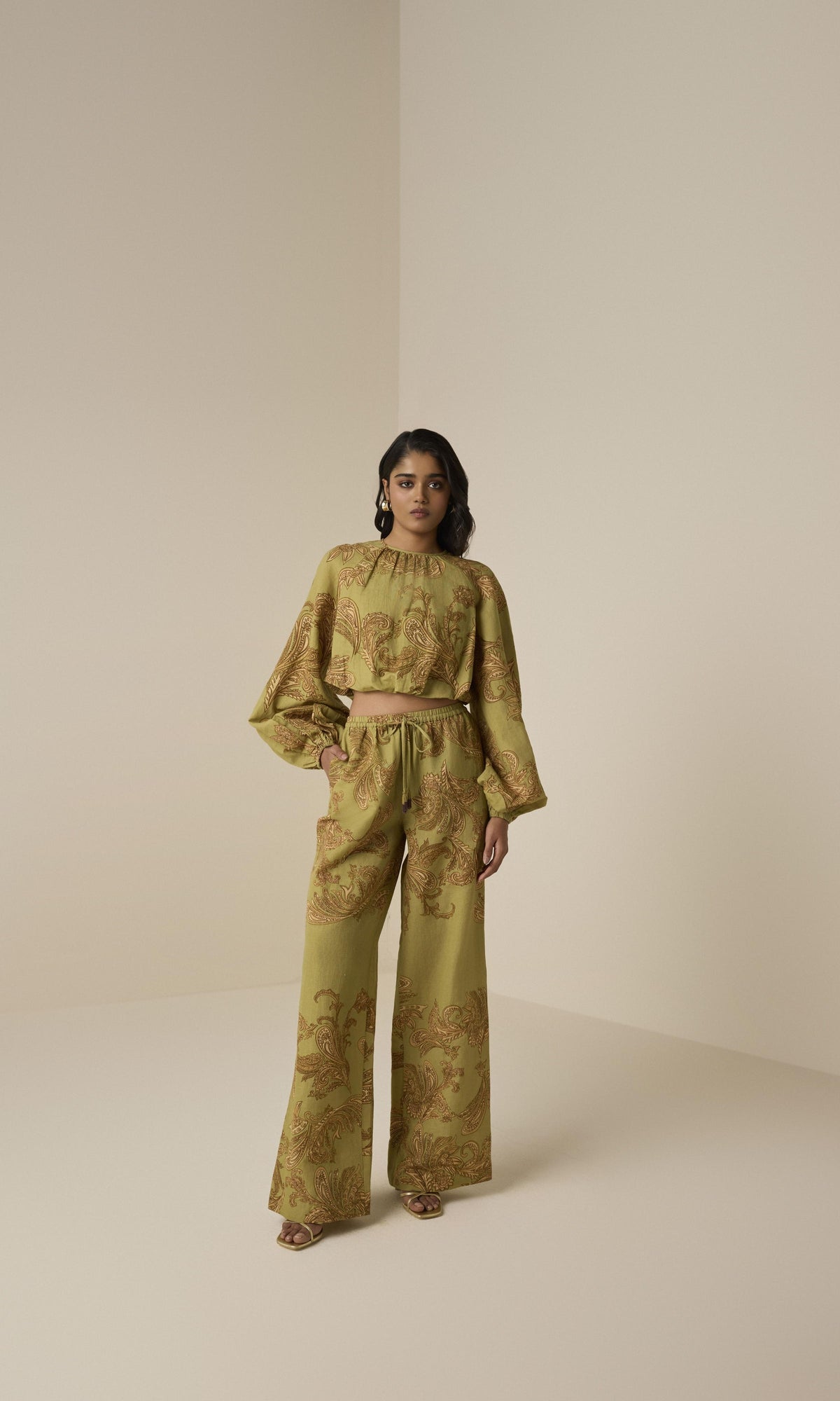 Hemant And Nandita | Sakhi Linen Cotton Bubble Hem Top | Olive
