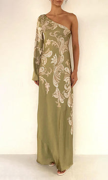 Hemant And Nandita | Sakhi Polyester Satin Lycra Long Dress | Olive