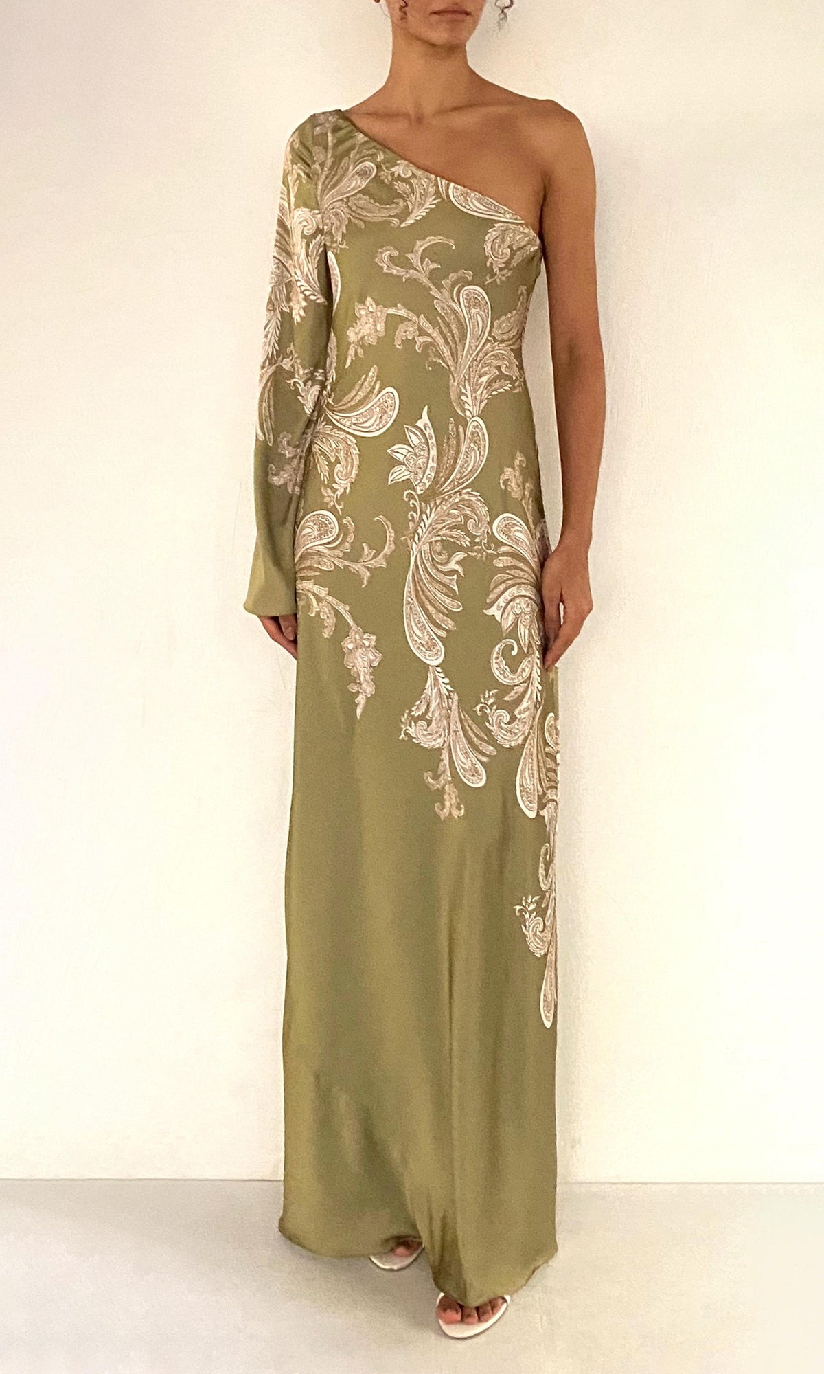 Hemant And Nandita | Sakhi Polyester Satin Lycra Long Dress | Olive