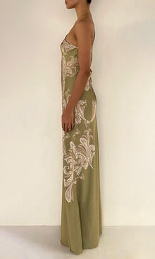 Hemant And Nandita | Sakhi Polyester Satin Lycra Long Dress | Olive