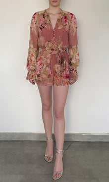 Hemant And Nandita | Sama Viscose Crinkle Chiffon Romper With Tie Up Belt | Peach Floral