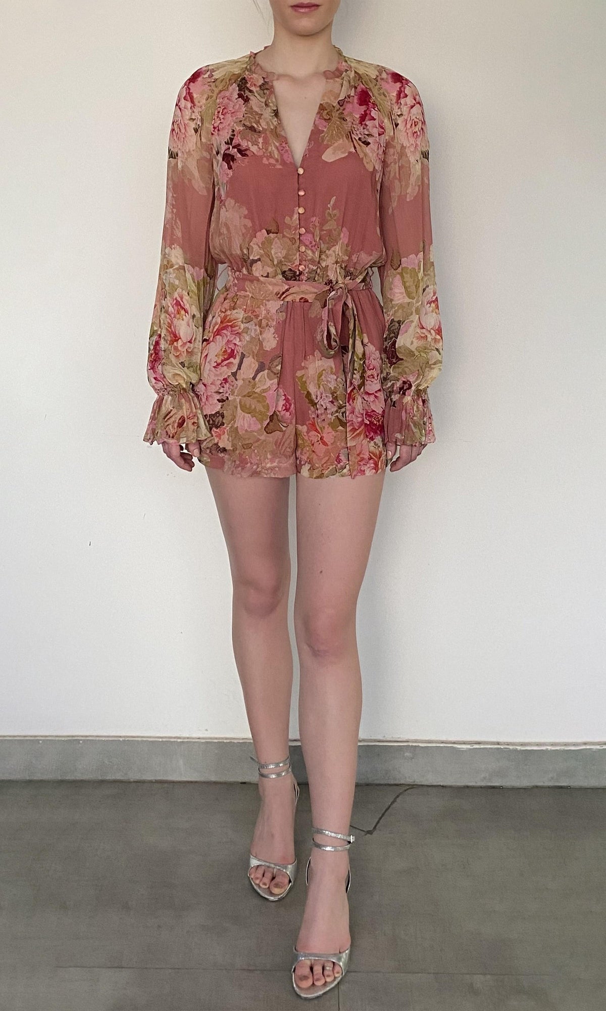Hemant And Nandita | Sama Viscose Crinkle Chiffon Romper With Tie Up Belt | Peach Floral