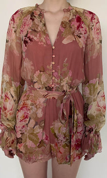 Hemant And Nandita | Sama Viscose Crinkle Chiffon Romper With Tie Up Belt | Peach Floral