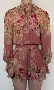 Hemant And Nandita | Sama Viscose Crinkle Chiffon Romper With Tie Up Belt | Peach Floral
