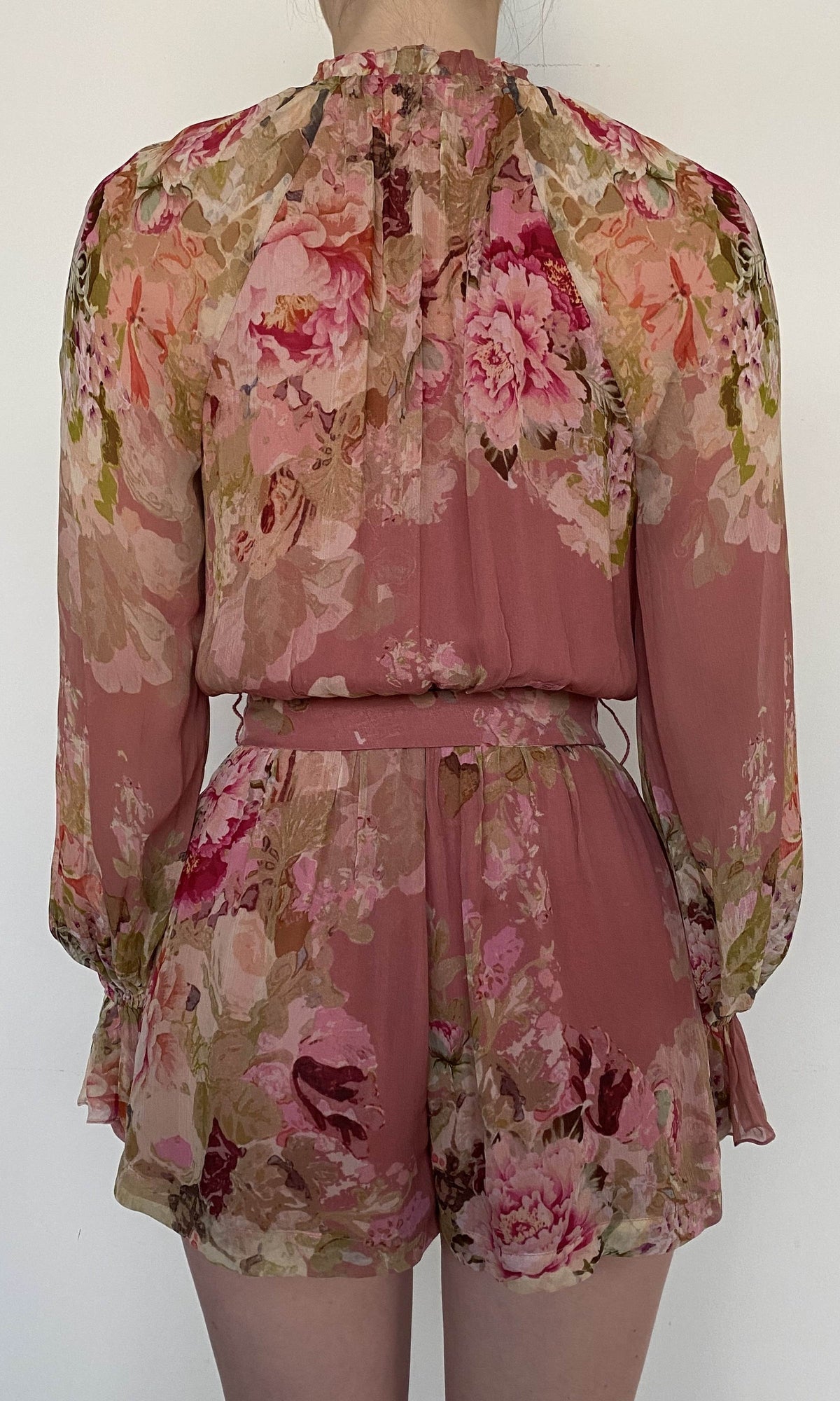 Hemant And Nandita | Sama Viscose Crinkle Chiffon Romper With Tie Up Belt | Peach Floral