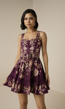Hemant And Nandita | Savi Cotton Poplin Short Dress With Belt | Burgundy Floral