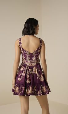 Hemant And Nandita | Savi Cotton Poplin Short Dress With Belt | Burgundy Floral