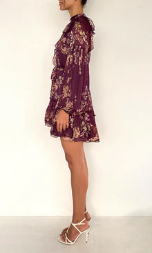 Hemant And Nandita | Savi Viscose Flat Chiffon Ruffle Mini Dress With Tie Up Belt | Burgundy Floral