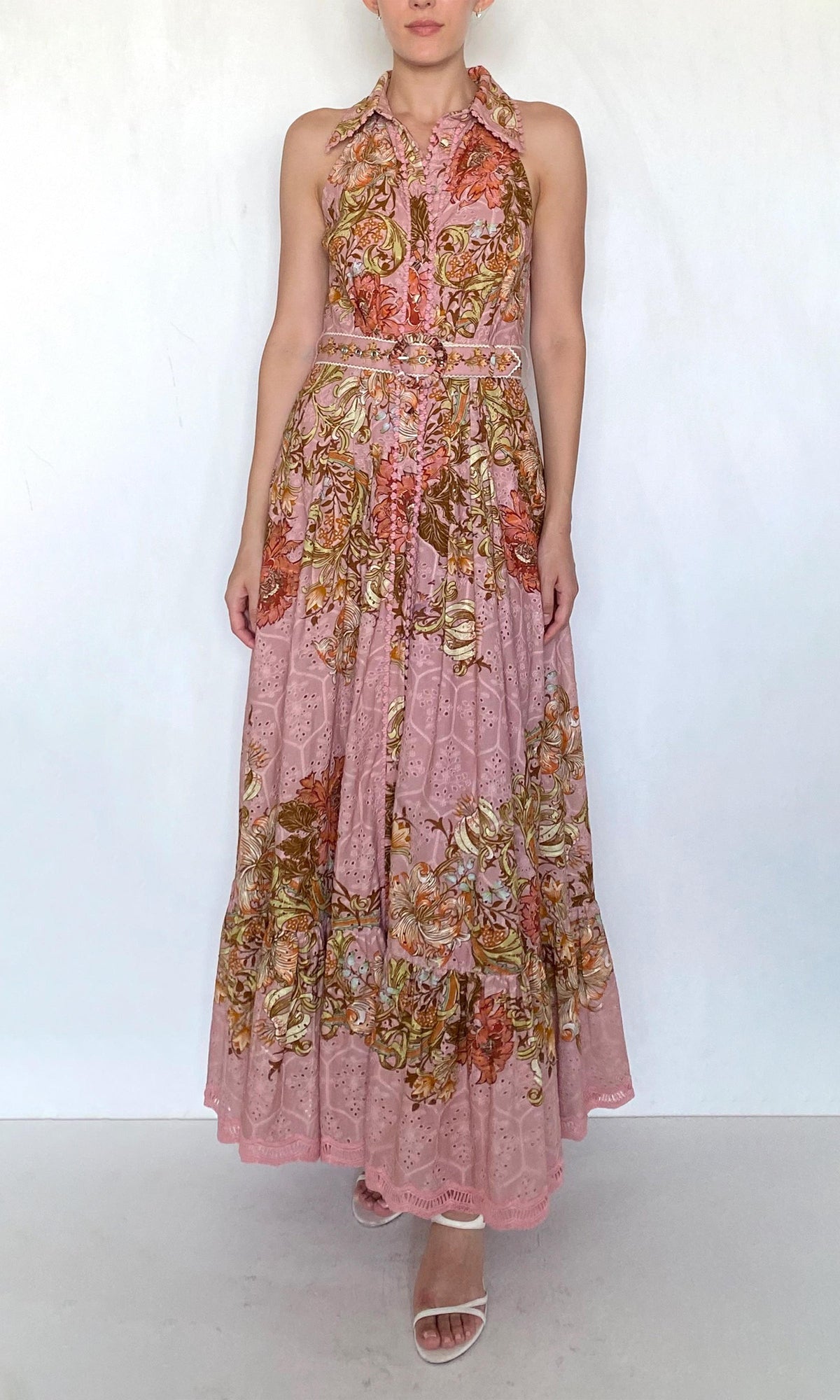 Womens | Sula Cotton Schiffli Long Shirt Dress With Buckle Belt | Dusty Pink