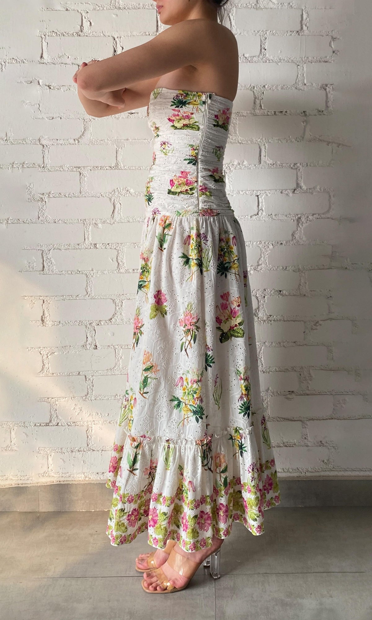 Hemant And Nandita | Taha Cotton Schiffli Strapless Long Dress | White Floral