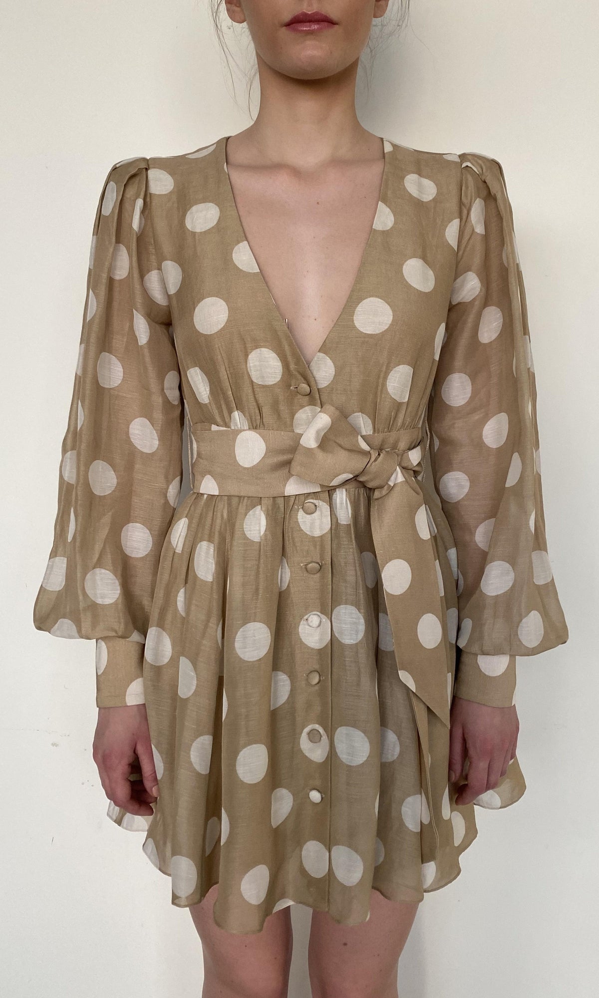Hemant And Nandita | Tira Viscose Linen Organza Short Dress With Tie Up Belt | Brown White