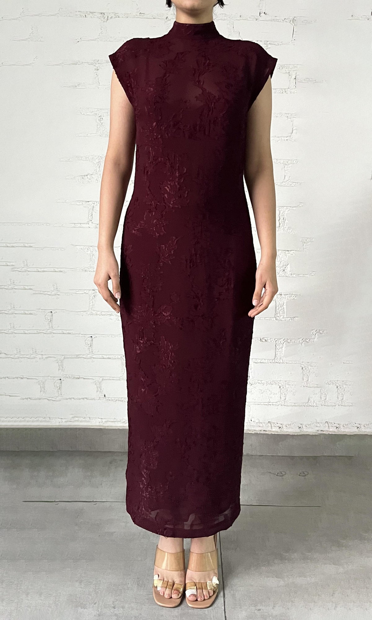 Hemant And Nandita | Tiya Viscose Ggt Jacquard Slim Fit Long Dress With Slip | Burgundy