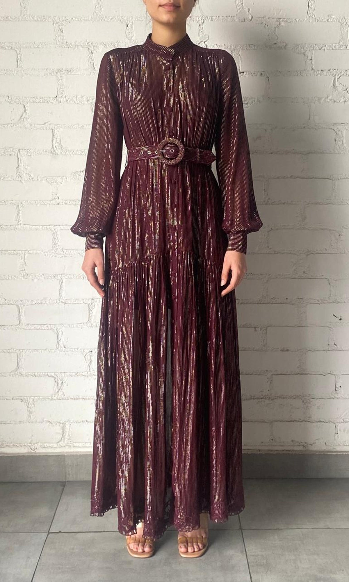 Hemant And Nandita | Tiya Viscose Georgette Gold Silver Stripe Lurex Long Dress With Buckle Belt | Burgundy