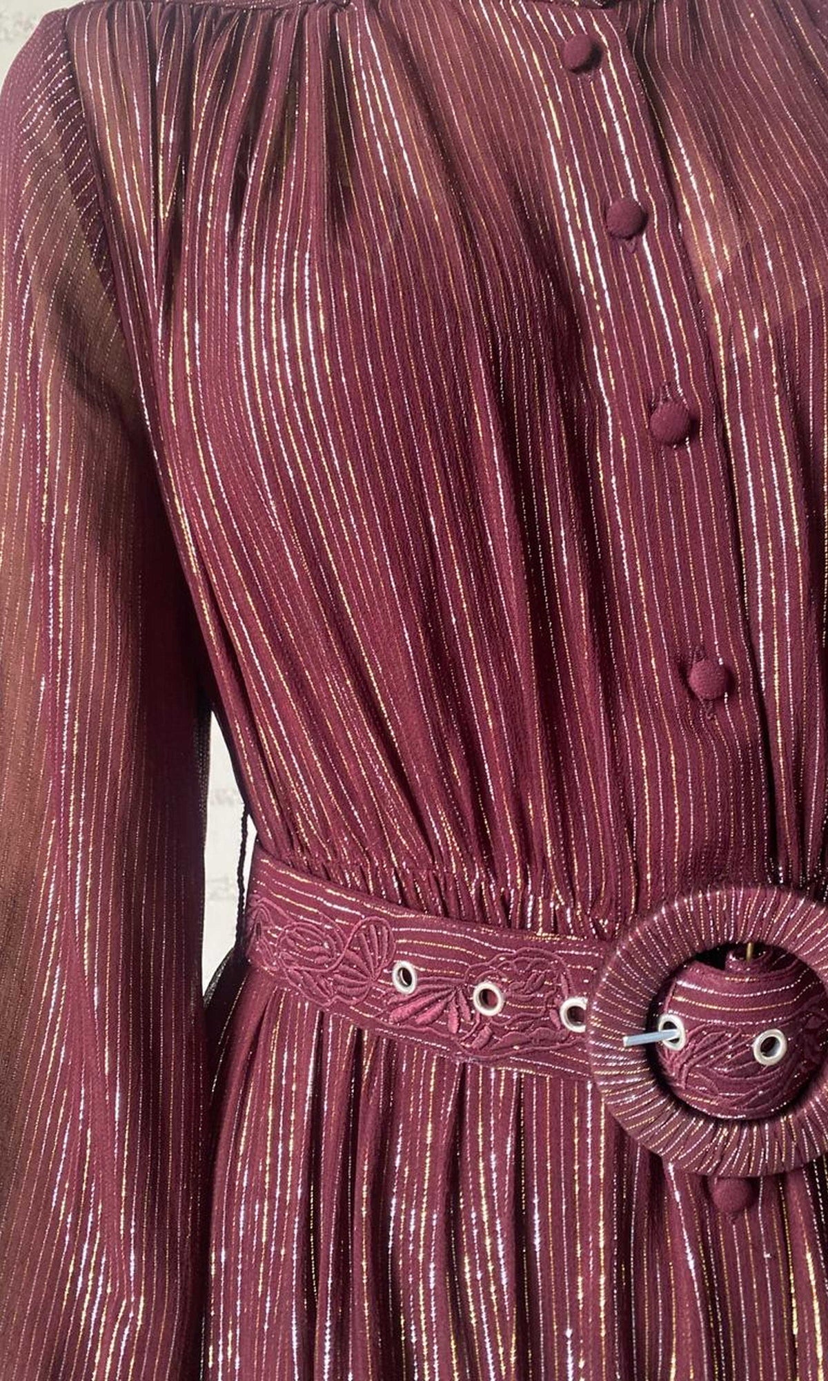 Hemant And Nandita | Tiya Viscose Georgette Gold Silver Stripe Lurex Long Dress With Buckle Belt | Burgundy