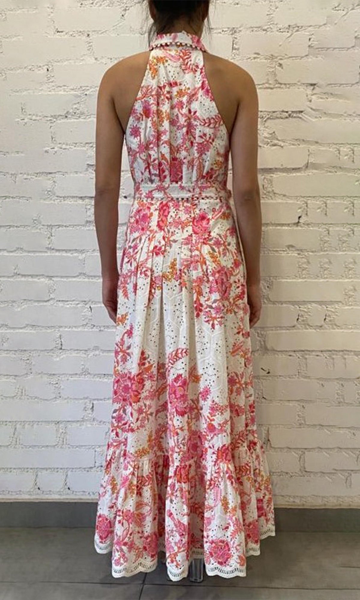 Hemant And Nandita | Tora Cotton Schiffli Long Dress With Buckle Belt | White Floral