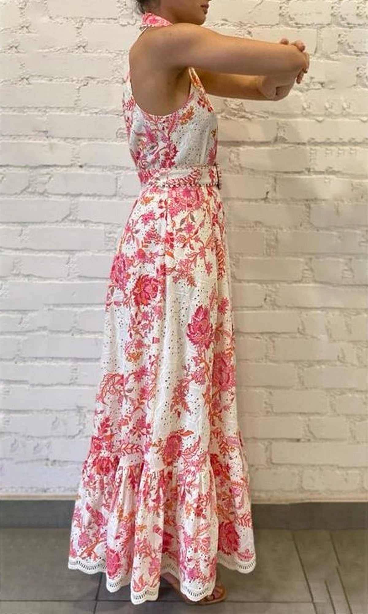 Hemant And Nandita | Tora Cotton Schiffli Long Dress With Buckle Belt | White Floral
