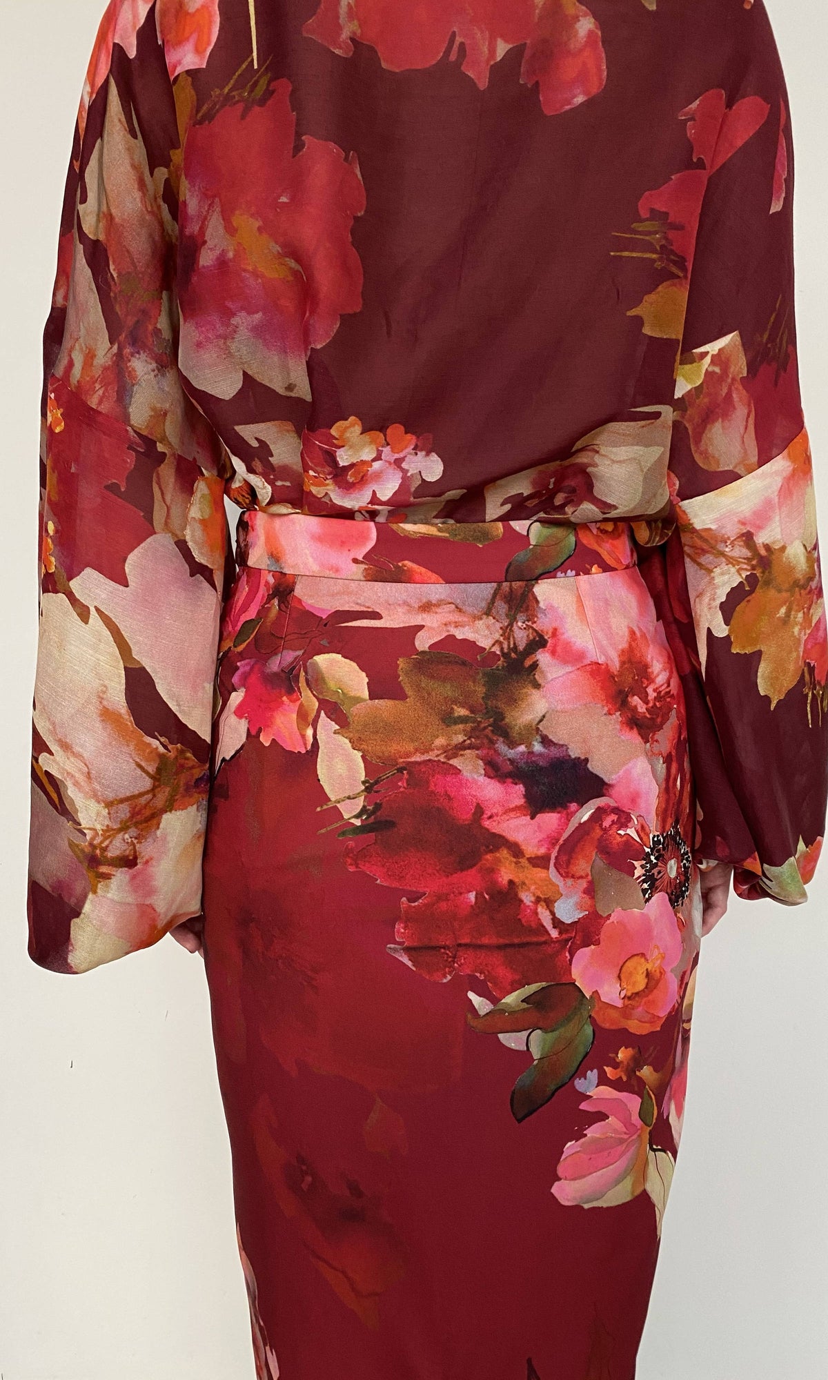 Hemant And Nandita | Tuhi Polyester Crepe Fitted Midi Skirt | Burgundy Multi