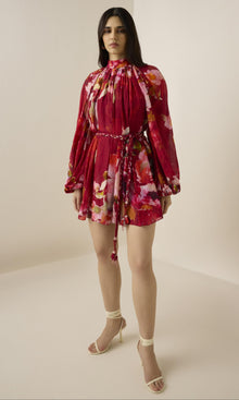 Hemant And Nandita | Tuhi Viscose Linen Organza Short Dress With Braided Belt And Slip | Burgundy Multi