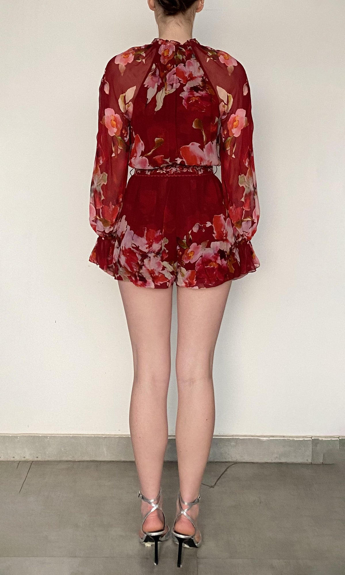 Hemant And Nandita | Tuhi Viscose Crinkle Chiffon Romper | Burgundy Multi