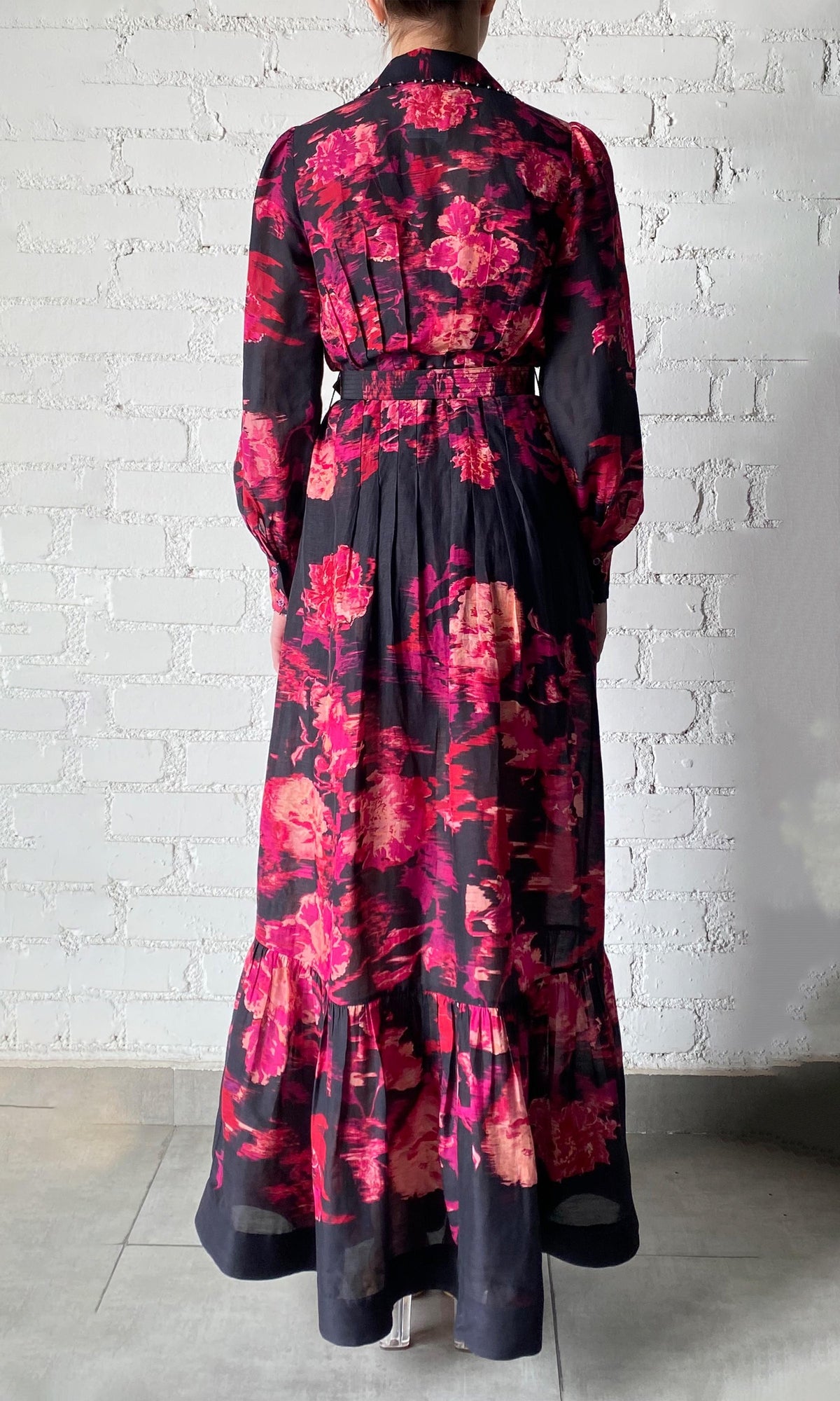Hemant And Nandita | Zina Viscose Gorgette Jacquard Long Shirt Dress With Flower Print Button And Buckle Belt | Black Magenta