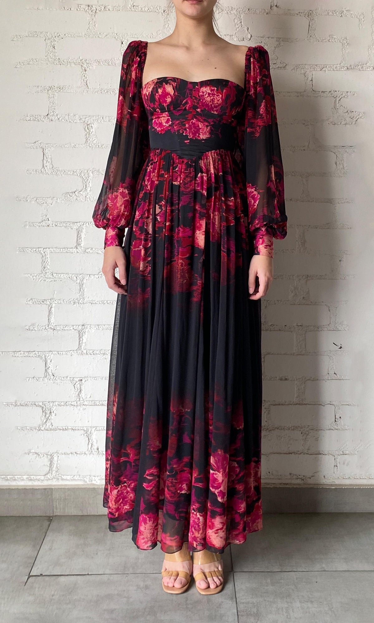 Hemant And Nandita | Zina Viscose Chiffon & Satin Corsetted Long Dress | Black Magenta