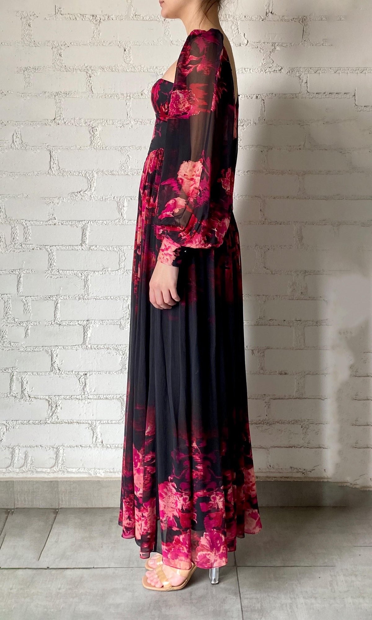 Hemant And Nandita | Zina Viscose Chiffon & Satin Corsetted Long Dress | Black Magenta