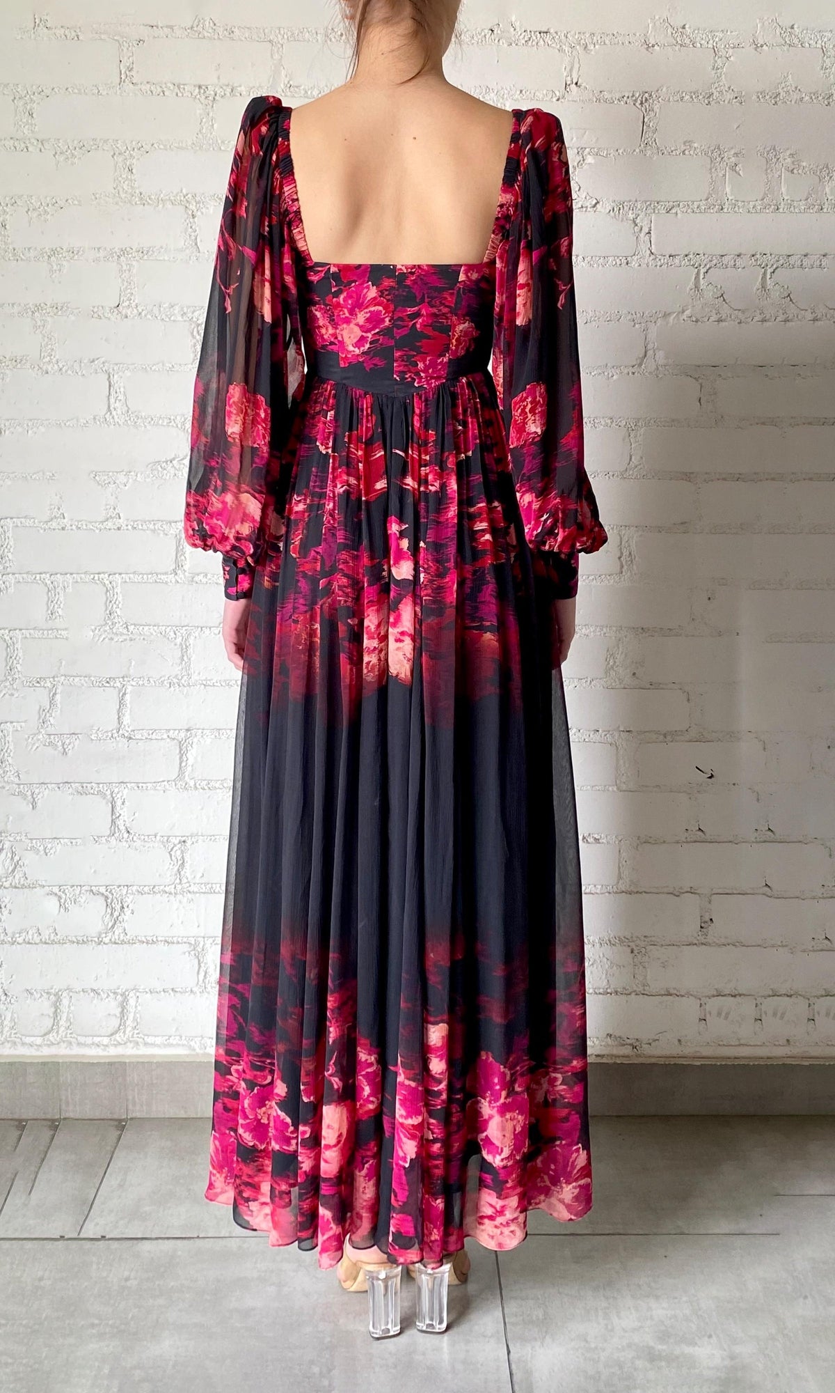 Hemant And Nandita | Zina Viscose Chiffon & Satin Corsetted Long Dress | Black Magenta