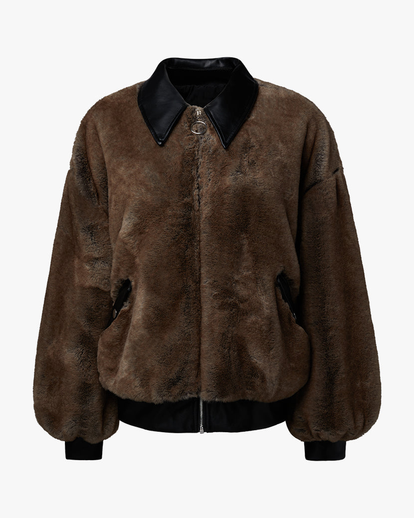 Faux Fur Bomber Jacket | Black/Brown
