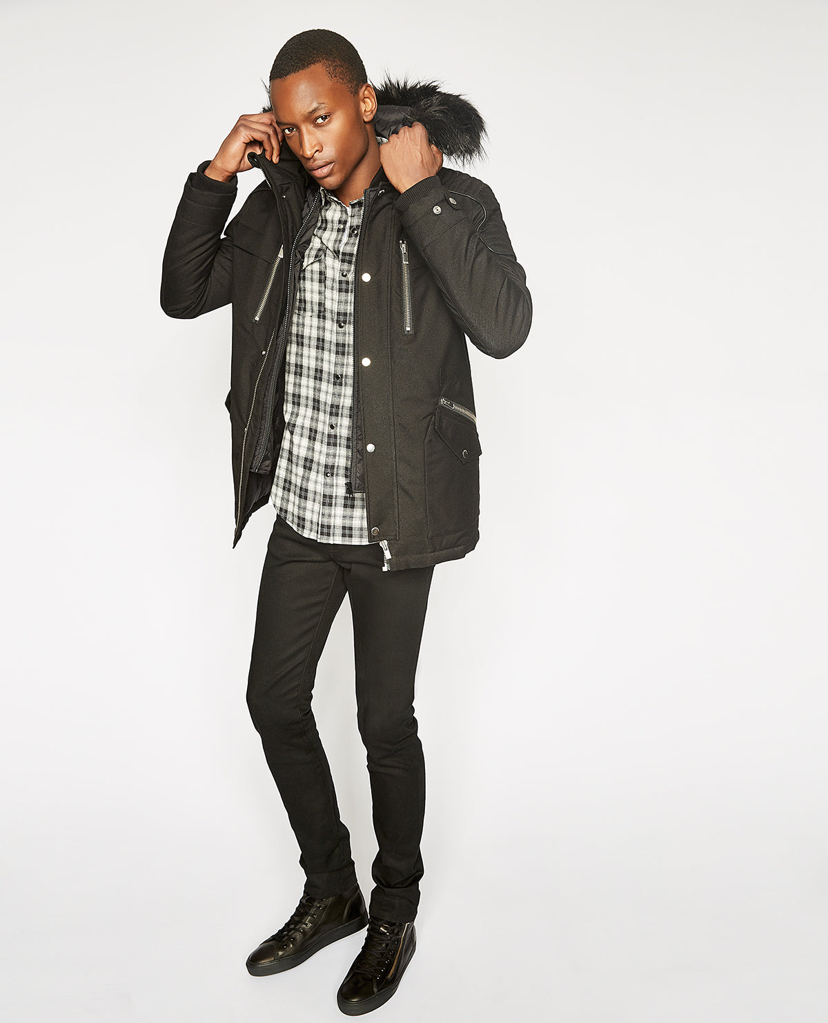 Parka With Leather Details And Faux Fur | Men | Black