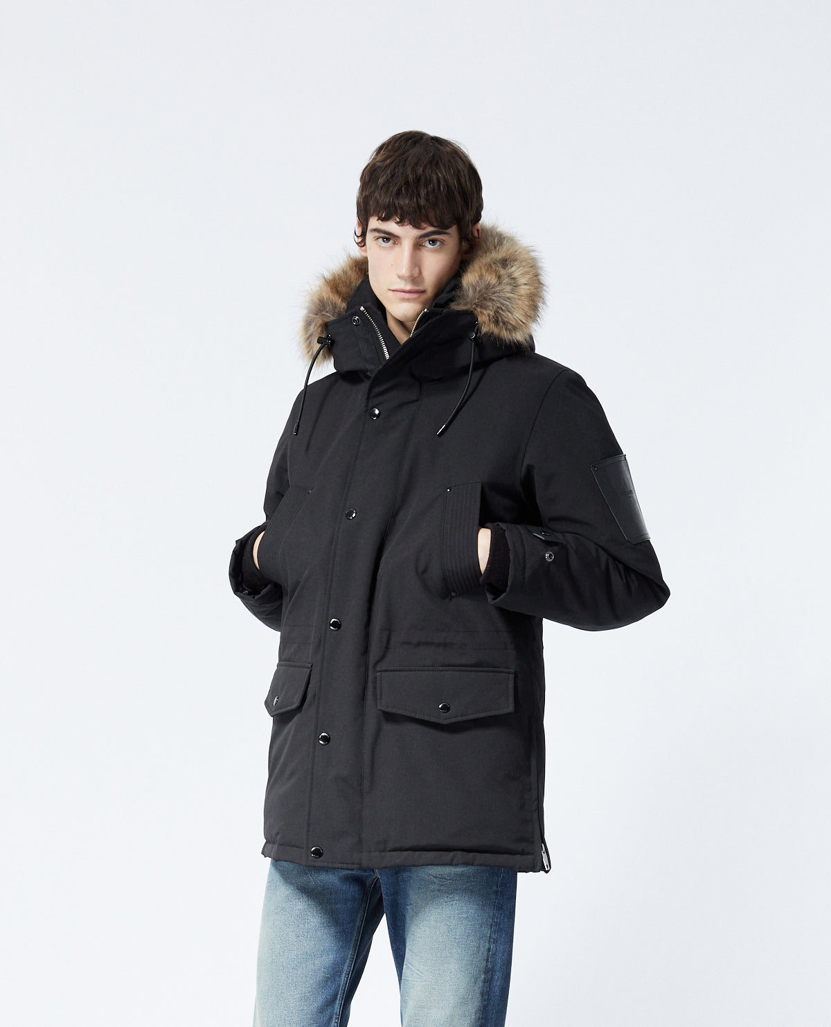 Long Parka With Leather Detail | Men | Black