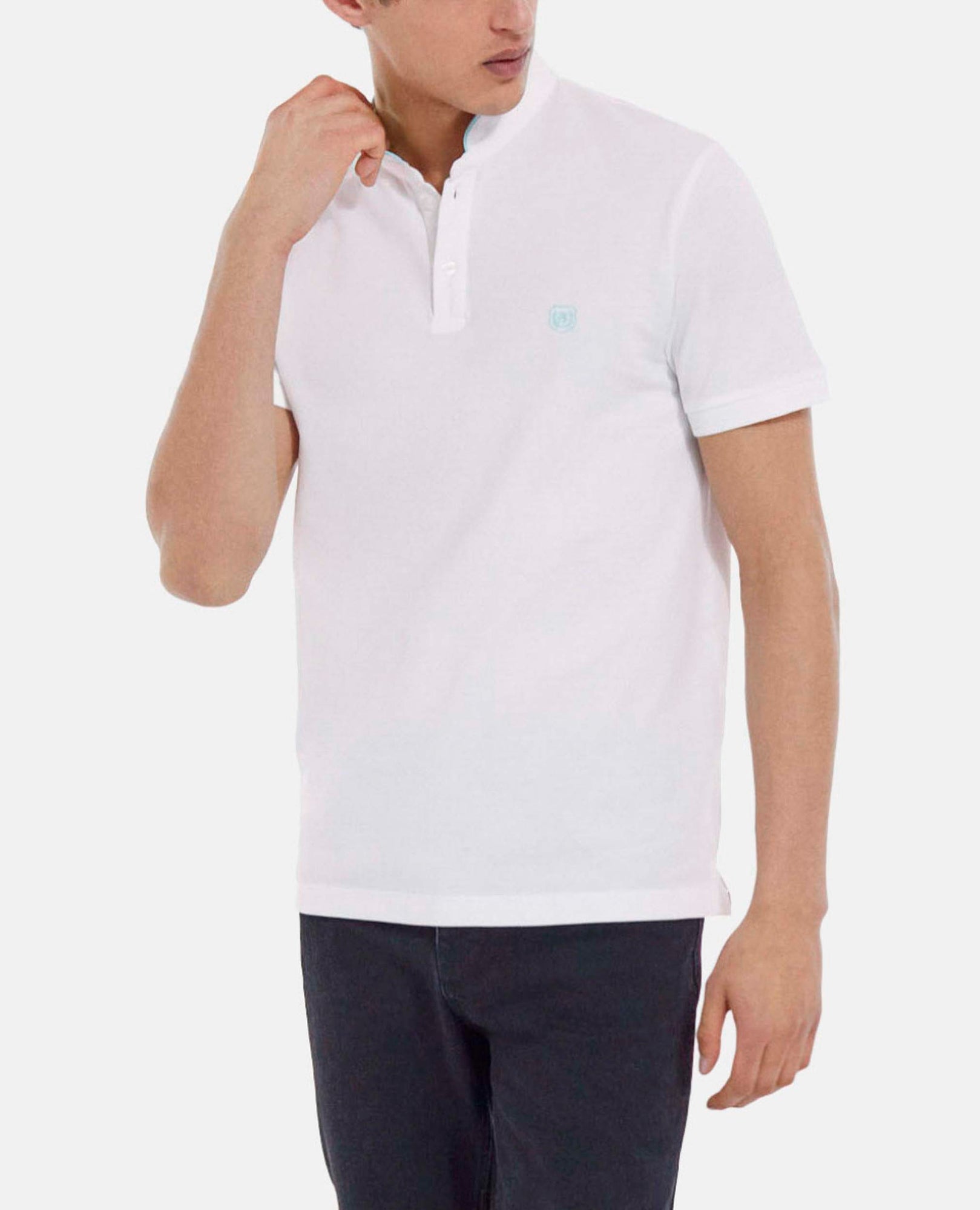 Embroidered Polo W/ Buttoned Officer Collar | Men | White x Grey