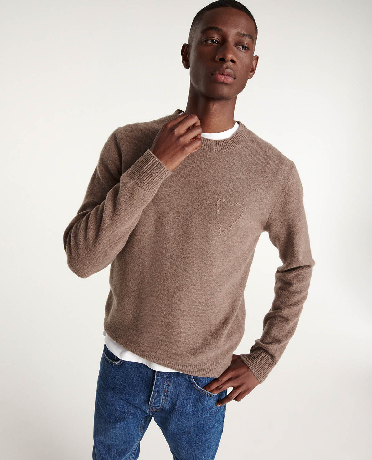 Wool Sweater With Heart Embroidery | Men | Dark Beige