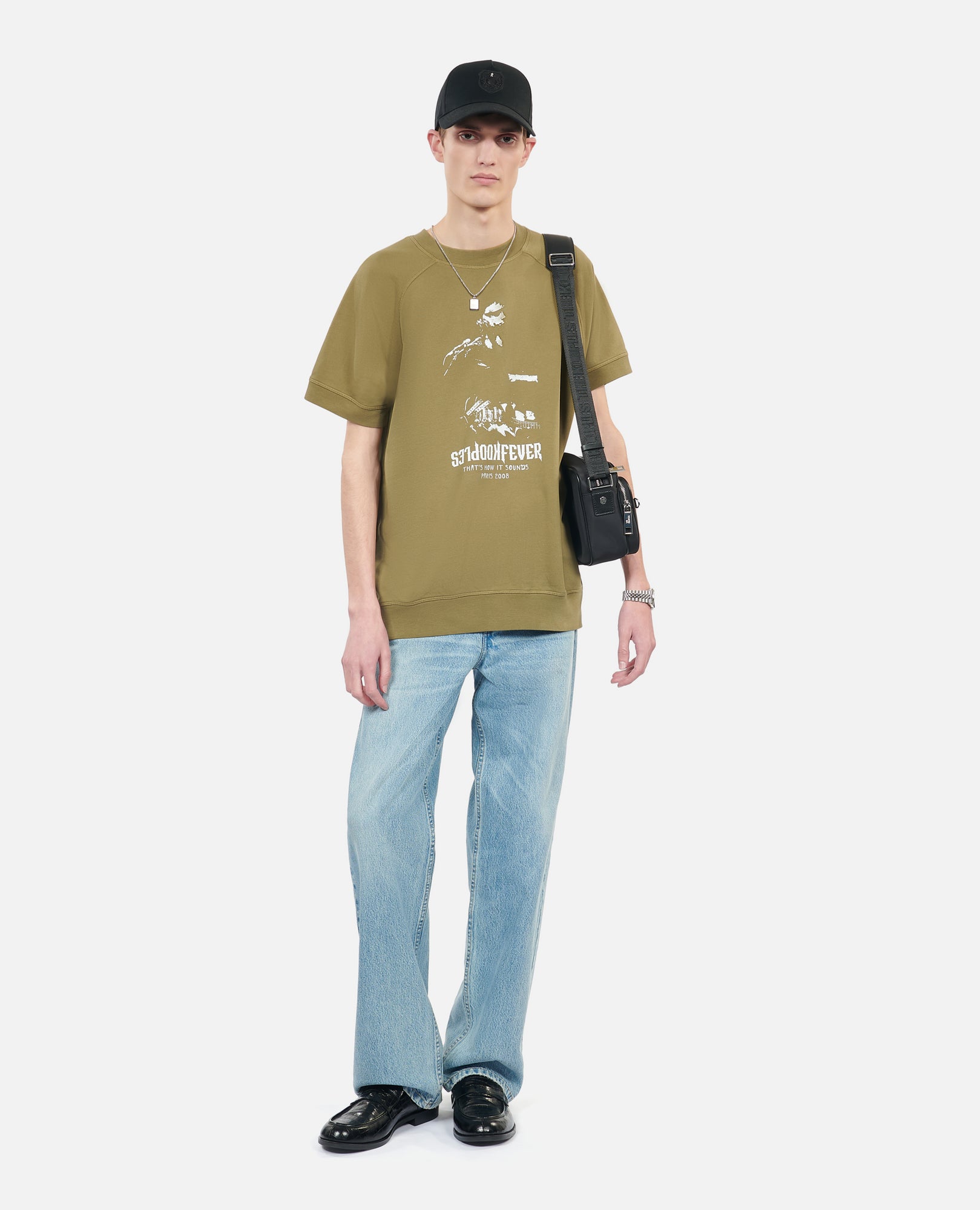 Khaki Short-Sleeved Sweatshirt Kooples Fever Serigraphy | Men | Olive