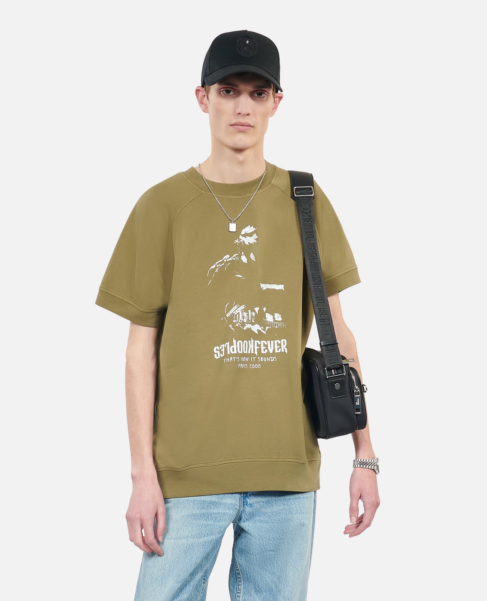 Khaki Short-Sleeved Sweatshirt Kooples Fever Serigraphy | Men | Olive