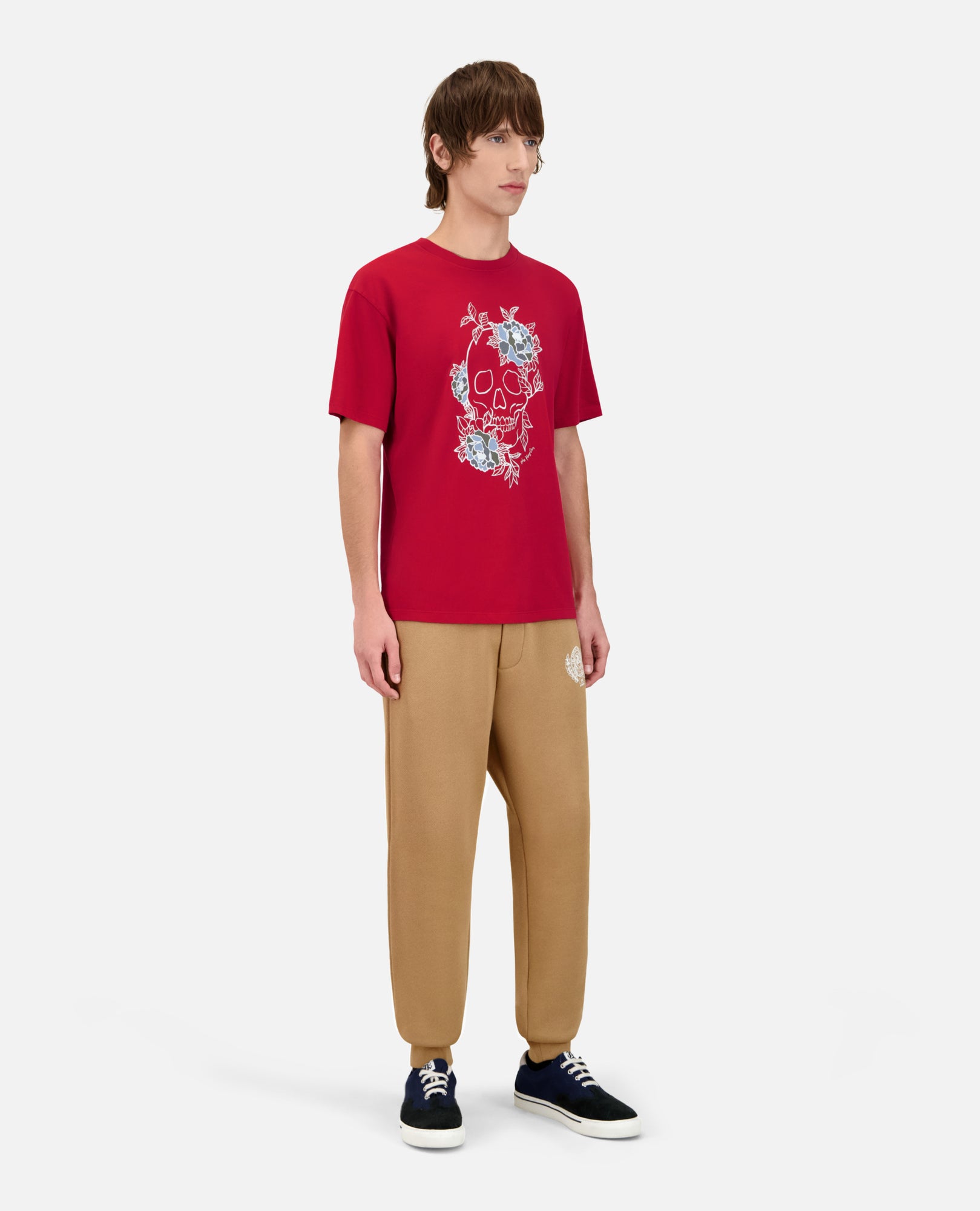 Red T-Shirt With Flower Skull Serigraphy | Men | Cherry