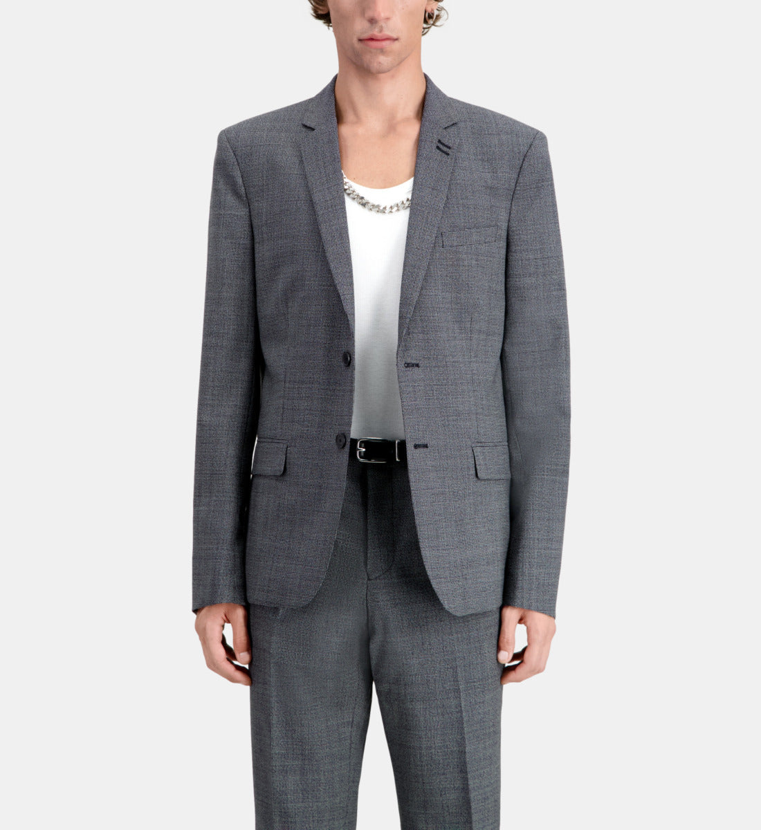 Micro-Pattern Wool Suit Jacket | Men | Black x Ecru