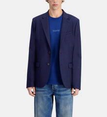 Blue Striped Wool Suit Jacket | Men | Navy x Ecru