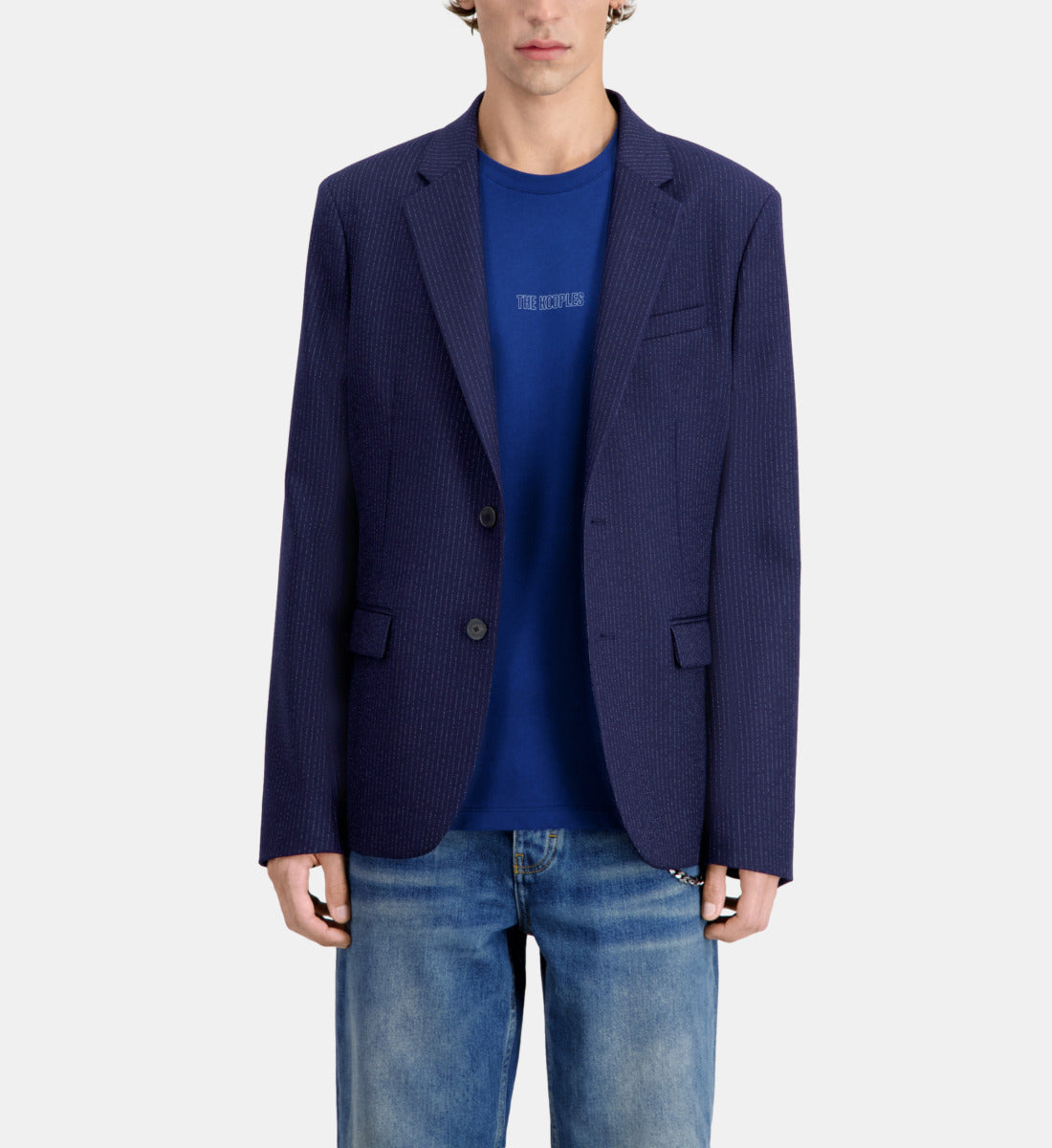 Blue Striped Wool Suit Jacket | Men | Navy x Ecru