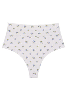 White bikini bottom with small blue and yellow floral print throughout and high-rise waistband.