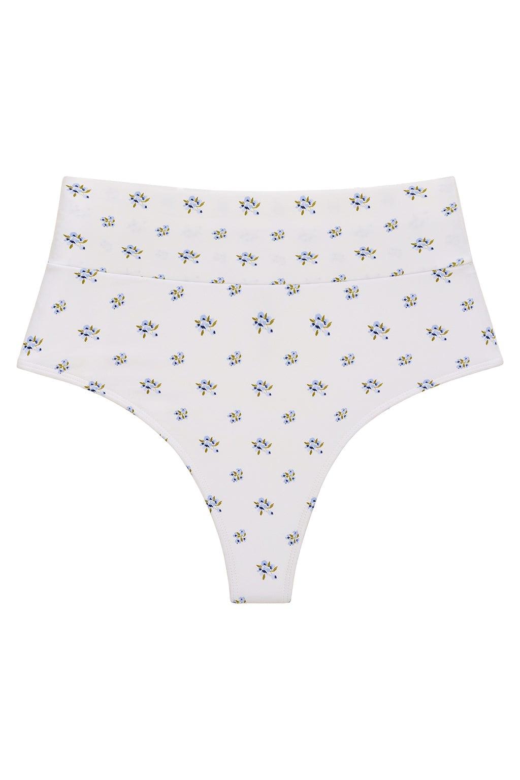 White bikini bottom with small blue and yellow floral print throughout and high-rise waistband.