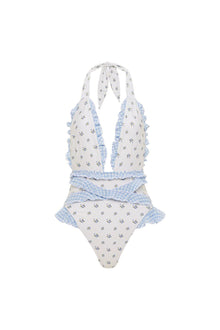 White one-piece swimsuit with small floral print and light blue gingham ruffle trim on halter neckline and sides.