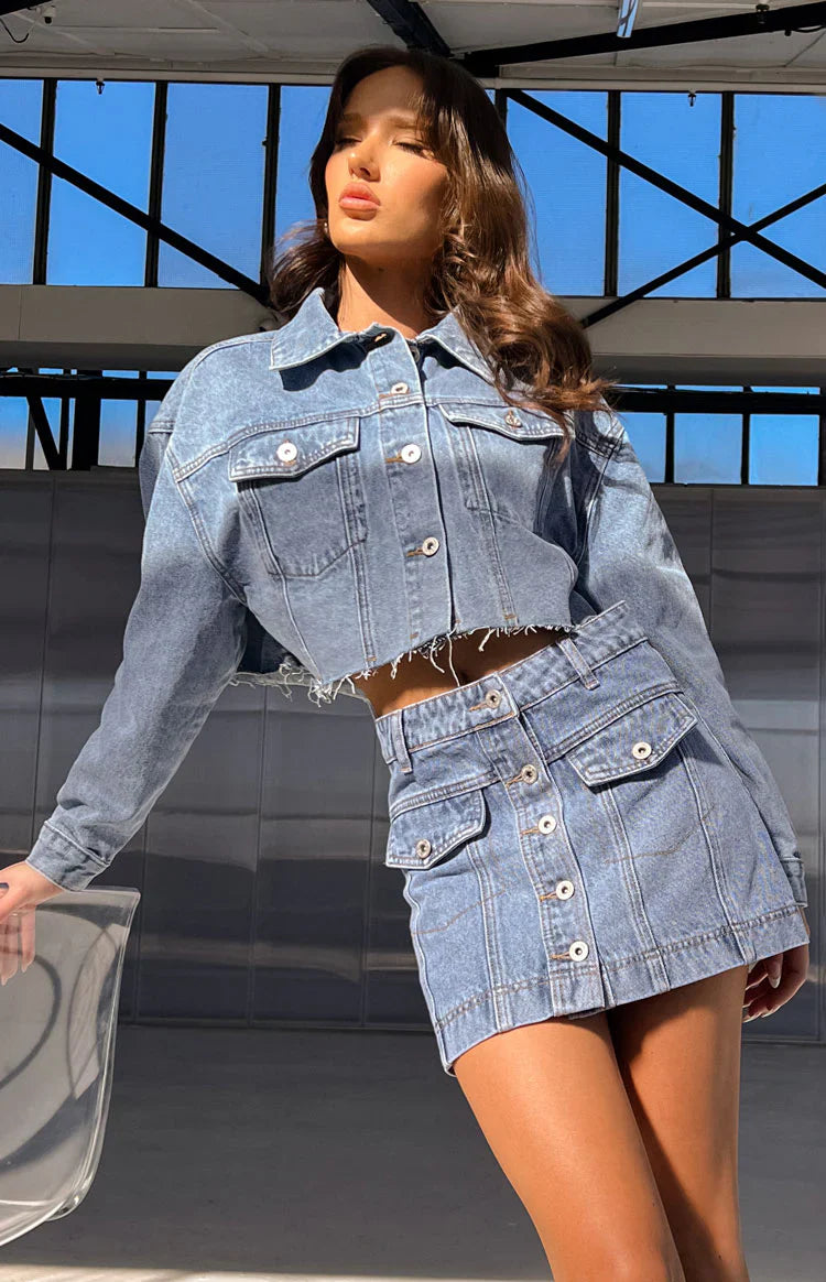 Helena Denim Cropped Jacket | Mid Wash