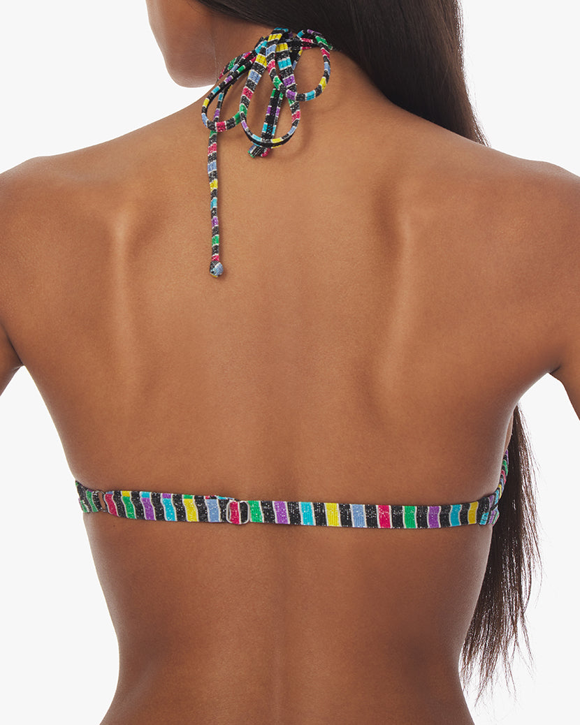 High Neck Halter Lurex Stripe Bikini Top | Black