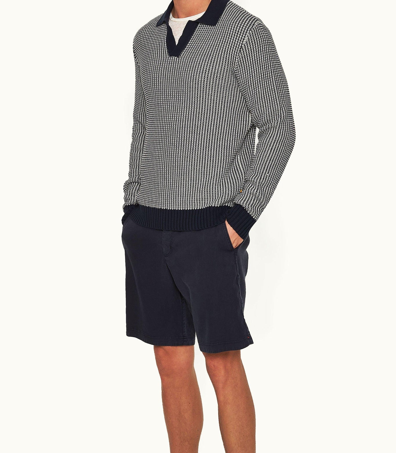 Horton Tailored Fit Long-Sleeve Dual-Tone Knit Polo Shirt | Night Iris/White Sand