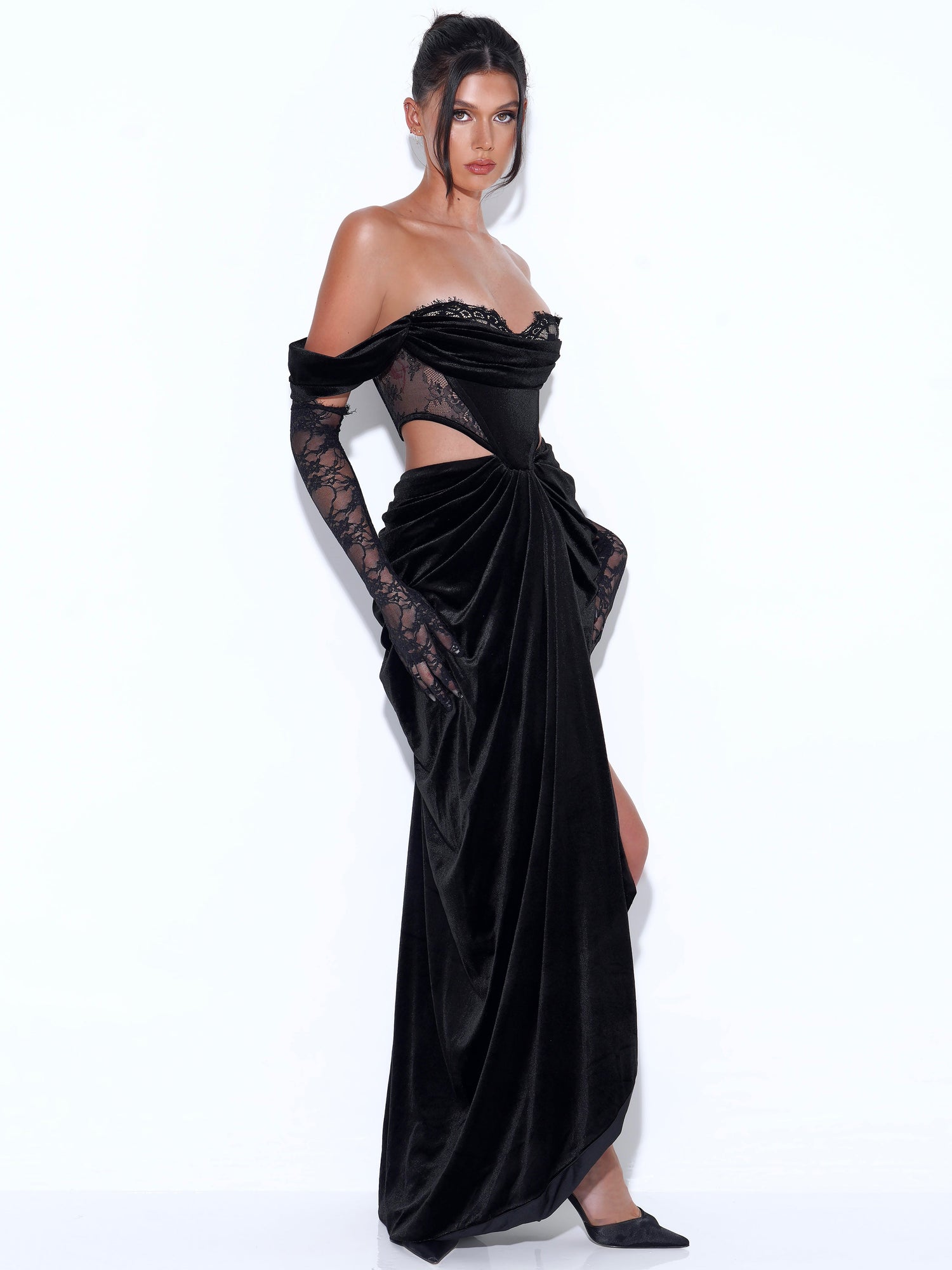 Quintessa Lace Velvet Corset Off Shoulder Gown | Black