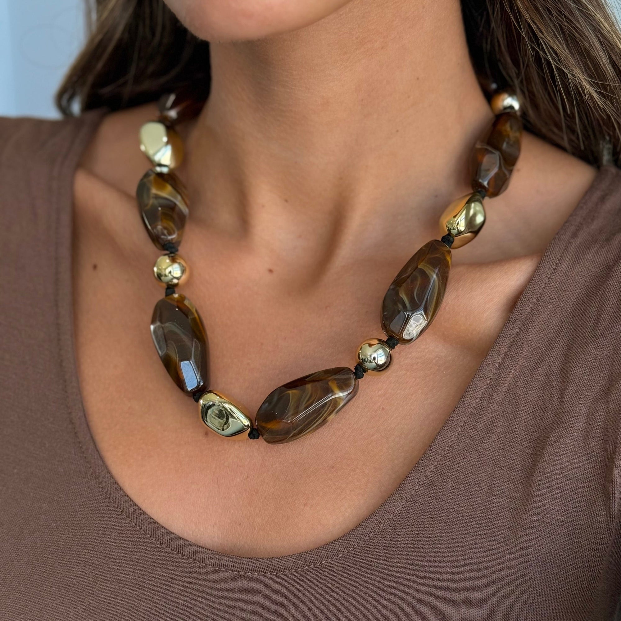Brown Marbled Beaded Necklace with Gold - Adina's Jewels